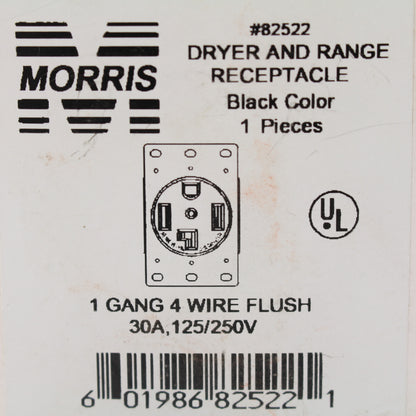 Morris 82522 Black 30A Flush Dryer Range Receptacle Outlet 4-Wire 125/250V