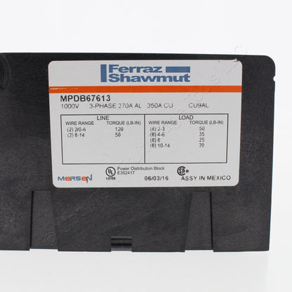 Mersen MPDB67613  Open-Style Power Distribution Blocks 3 Phase