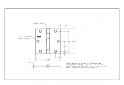 National Hardware Bright Brass Finish Steel 3.5" Hinge Removable Pin 2pcs