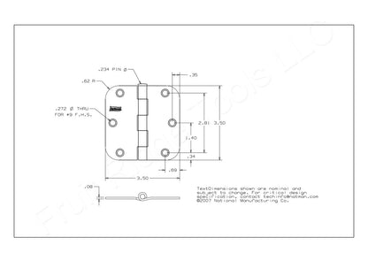 National N266-247 Removable Pin Door Hinge Brass Finish Steel 3.5" with Screws