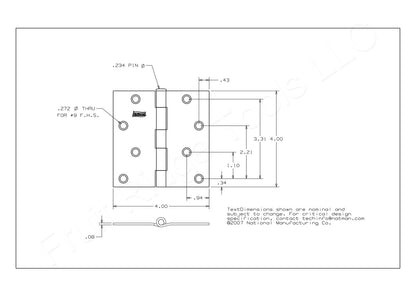National N325-282 Satin Nickel Finish Steel 4" Removable Pin Interior Door Hinge