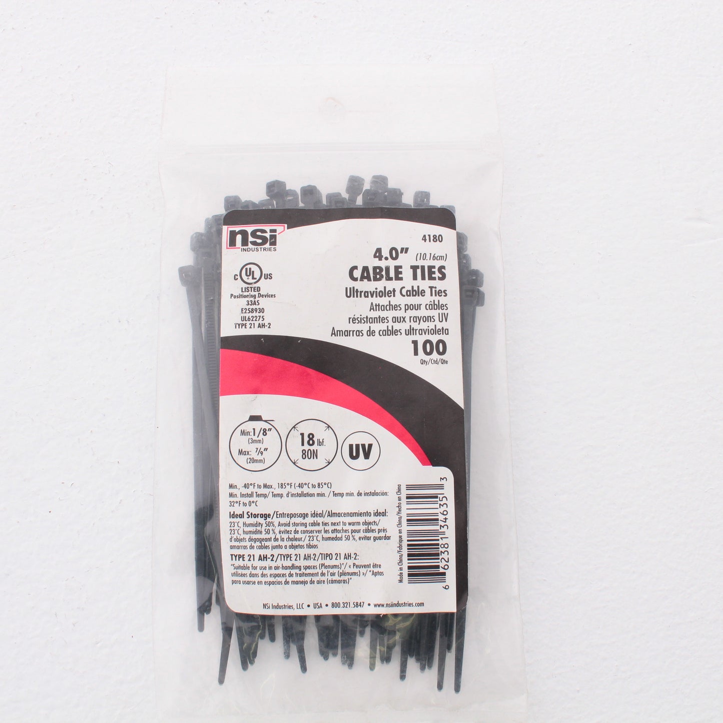 NSI 4180 4" Black Cable Tie 18Lb Tensile Strength 100 Pack