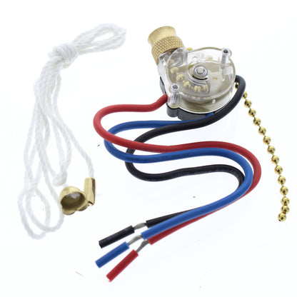 NSI 75110CW Brass SP3T 3-Way/2-Circuit Pull Chain Switch with Cord