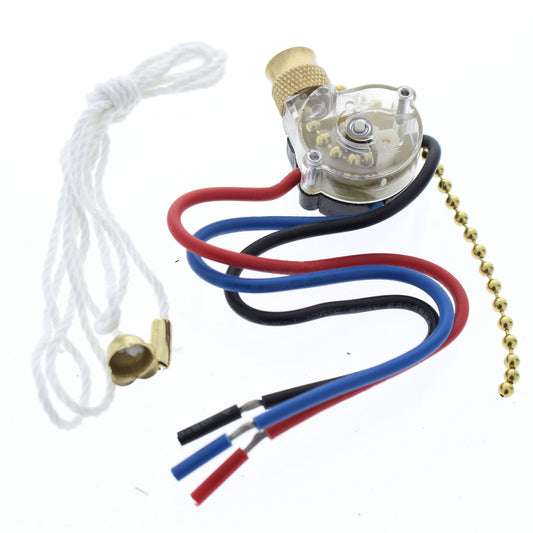 NSI 75110CW Brass SP3T 3-Way/2-Circuit Pull Chain Switch with Cord
