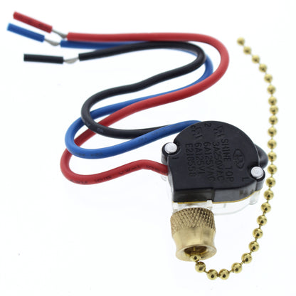 NSI 75110CW Brass SP3T 3-Way/2-Circuit Pull Chain Switch with Cord