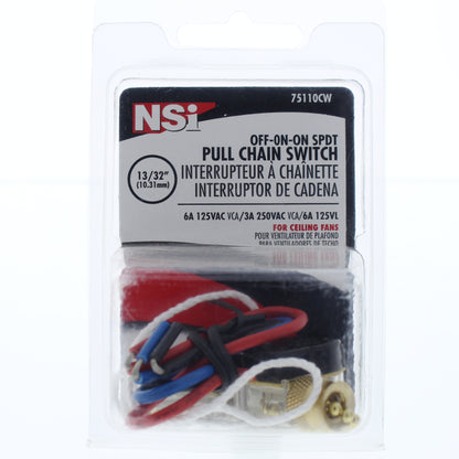 NSI 75110CW Brass SP3T 3-Way/2-Circuit Pull Chain Switch with Cord