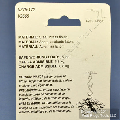 Brass Finish Steel 6" Ceiling SuspEnded Large S-Hooks + Screw Eye V2665 N275-172