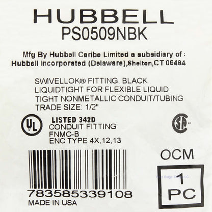 Hubbell 1/2" SwivelLok Liquid Tight Conduit Fitting NM 0-90 Adjustable PS0509NBK