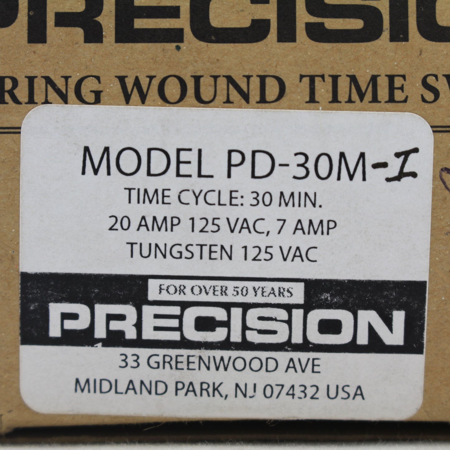 Precision PD-30M-I Ivory In-Wall 30-Minute Timer Switch Spec Sheet 20A 125 Vac