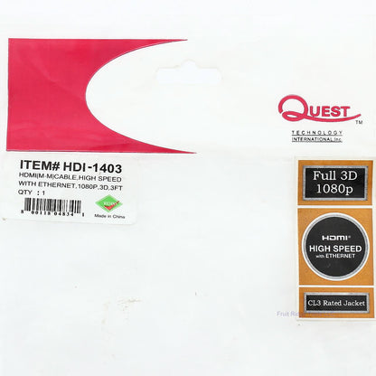 Quest HDI-1403 3ft Technology International HDMI High Speed Ethernet Cable Data