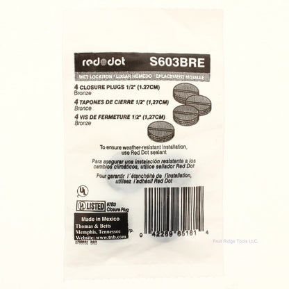 Thomas & Betts Red Dot S603BRE Bronze 1/2" NonMetallic Closure Plug Caps 4-Pack