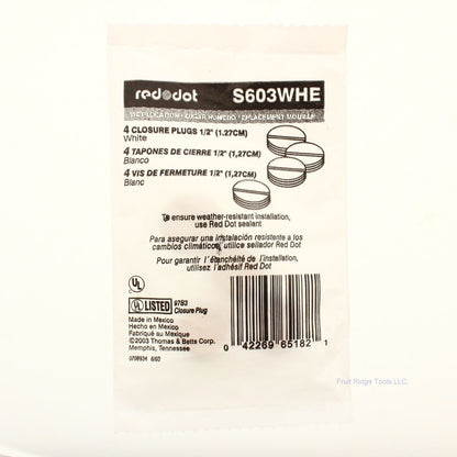 Thomas & Betts Red Dot S603WHE-R White 1/2" NonMetallic Closure Plug Caps 4-Pack