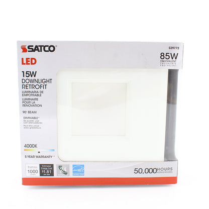 Satco 15W LED Recessed Retrofit 5-6" Downlight White Square Dimmable 1000l 4000K