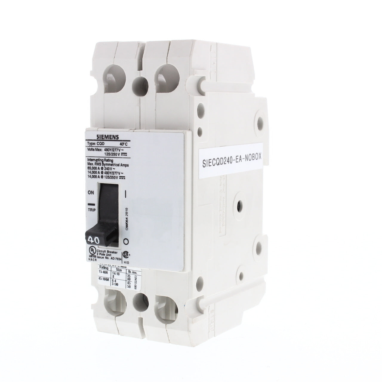 Siemens 40A 2-Pole 480/277V AC 14KAIC Cable In/Cable Out Breaker Bulk CQD240