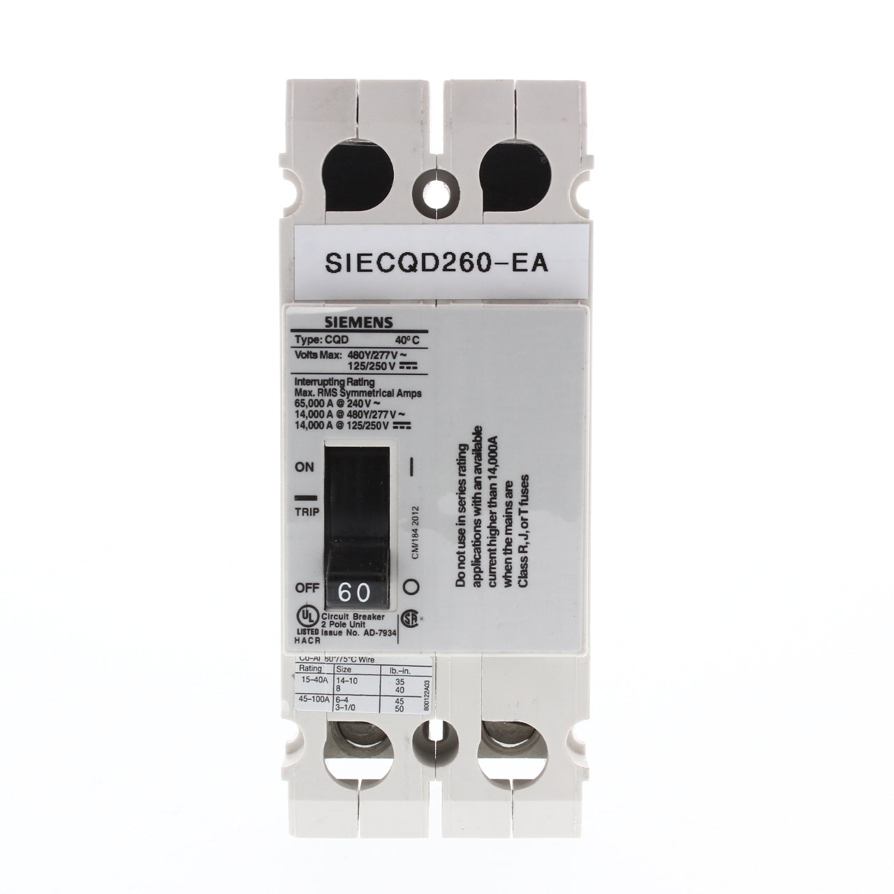 Siemens CQD260 60A Double Pole 480/277V AC 125/250VDC Cable In/Cable Out Breaker