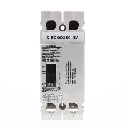 Siemens CQD260 60A Double Pole 480/277V AC 125/250VDC Cable In/Cable Out Breaker