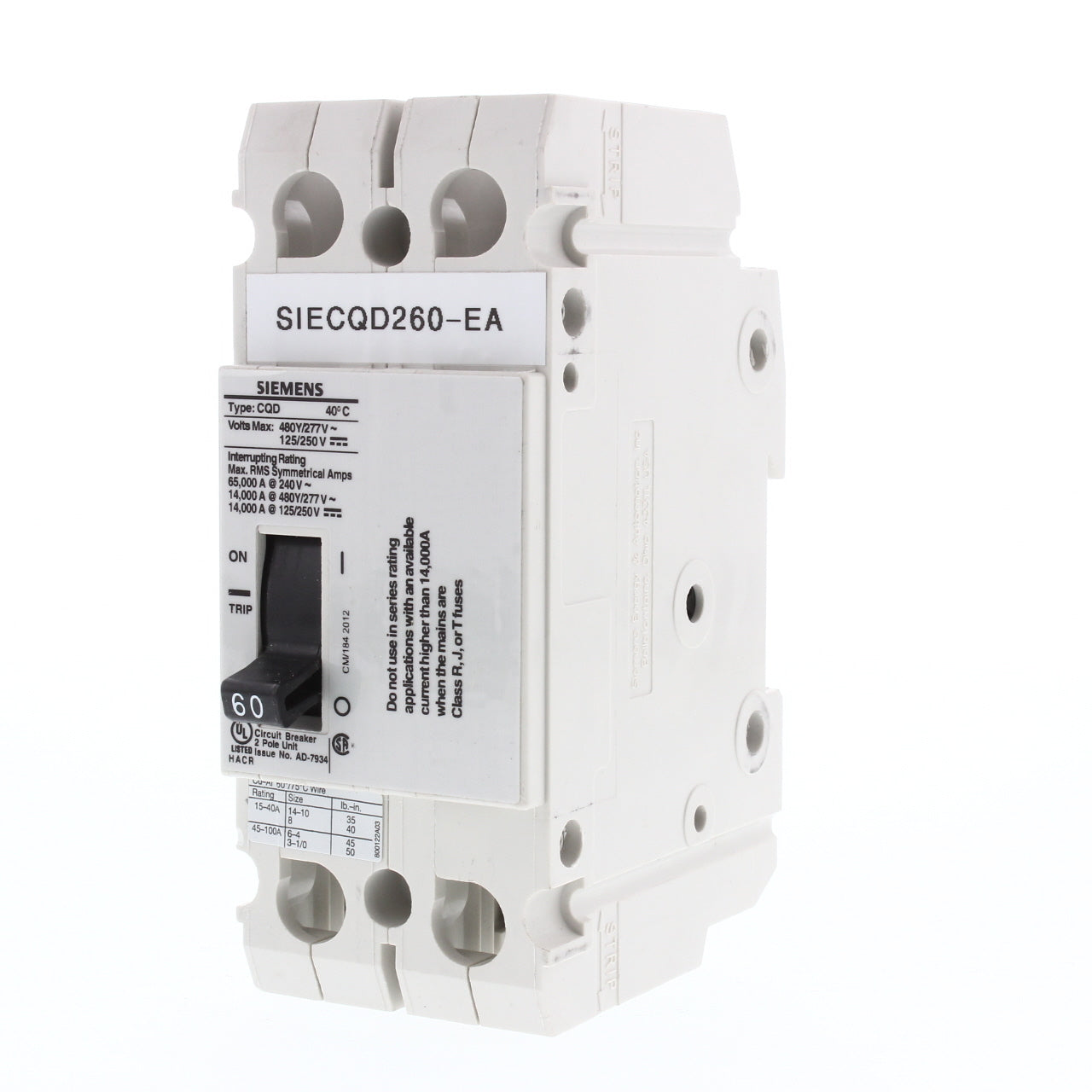 Siemens CQD260 60A Double Pole 480/277V AC 125/250VDC Cable In/Cable Out Breaker