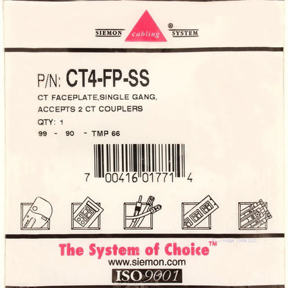 Siemon CT4-FP-SS 1-Gang Stainless Steel CT Faceplate for Two Couplers