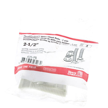 Pair Sioux Plumb Perfect Nylon Closet Bolts 2-1/2" Corrosion Proof 425-PB