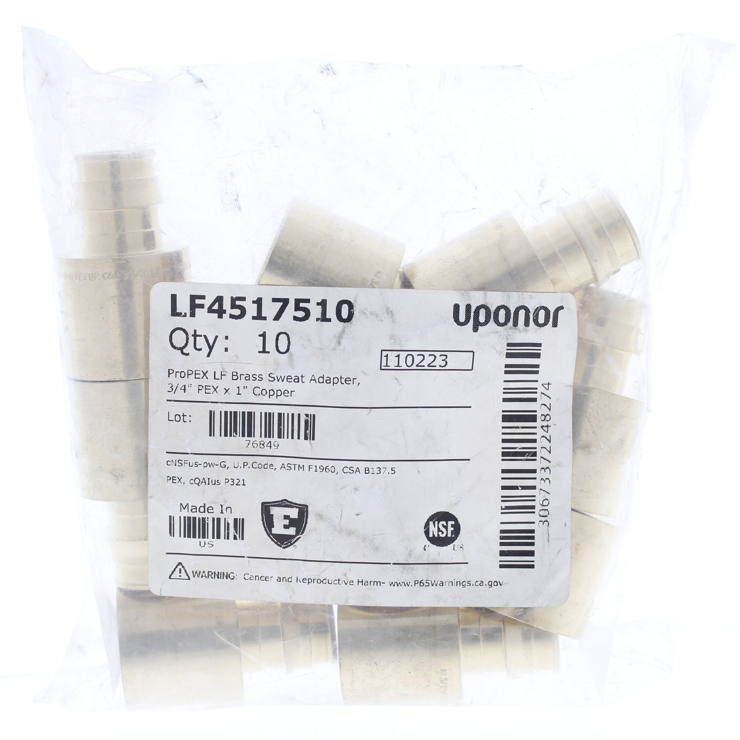 10-pack of Uponor LF4517510 ProPex Lf Brass Sweat Adapters 3/4" PEX x 1" Copper