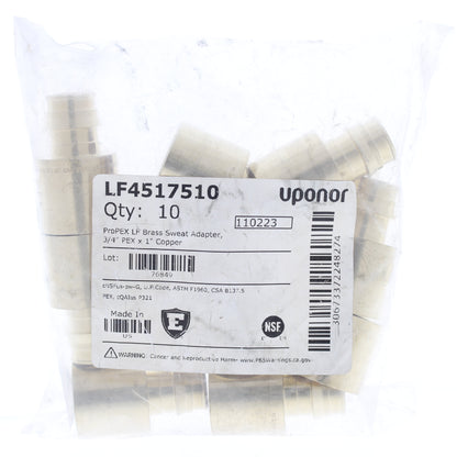 10-pack of Uponor LF4517510 ProPex Lf Brass Sweat Adapters 3/4" PEX x 1" Copper
