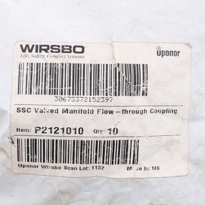 10-Pack Wirsbo SSC 1" Valved Manifold Flow through Coupling P2121010 2.5" Length