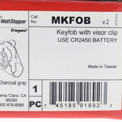 WattStopper MKFOB Charcoal Gray Keyfob with visor clip, use CR2450 Battery